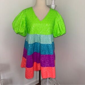 QUEEN OF SPARKLES Neon Green Aqua Blue Purple Coral Stripe Sequin Mini Dress